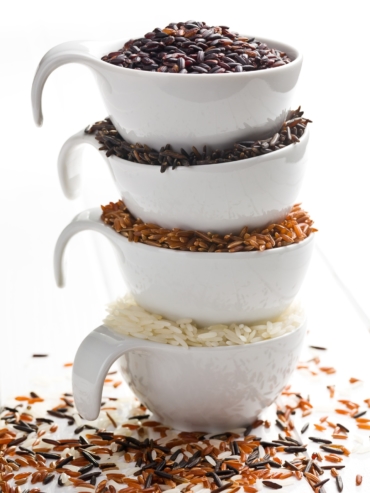 various rice in ceramic bowls